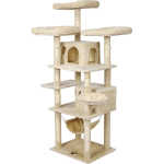 ARBRE À CHAT BEIGE AVEC MOTIF DE PATTES 172CM HAMAC NICHE MAISONNETTE ET BALLES DE JEU LUDIQUE - BEIGE