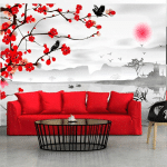 ARTGEIST - PAPIER PEINT JARDIN JAPONAIS - 100 X 70 CM - NOIR ET BLANC ET ROUGE