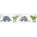 FRISE MURALE ANIMAUX CHAMBRE ENFANT | FRISE PAPIER PEINT DINOSAURE BLANC, VERT & GRIS | FRISE TAPISSERIE CHAMBRE GARÇON DINOSAURE - 5,00 X 0,13 M