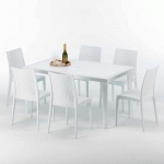 TABLE RECTANGULAIRE BLANCHE 150X90CM AVEC 6 CHAISES COLORÉES GRAND SOLEIL SET EXTÉRIEUR BAR CAFÉ BISTROT SUMMERLIFE COULEUR: BLANC