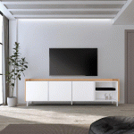 SKRAUT HOME - MEUBLE TV EFFET BOIS BLANC ET CHÊNE 207X35X61CM AVEC PIEDS
