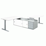 PÔLE 2 BUREAUX OPTYMA AVEC RETOUR SUR CONSOLE CENTRALE ET 2 CAISSONS INTÉGRÉS PLATEAU BLANC PIÈTEMENT T MÉTAL ALUMINIUM