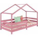 LIT CABANE RENA LIT SIMPLE MONTESSORI POUR ENFANT 90 X 190 CM, AVEC BARRIÈRES DE PROTECTION, EN PIN MASSIF LASURÉ ROSE - ROSE