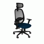FAUTEUIL DE BUREAU ERGONOMIQUE NODI, TISSU ET MAILLE, AVEC ACCOUDOIRS 3D ET APPUI-TÊTE, MÉCANISME SYNCHRONE, PIEDS NOIRS - BLEU FONCÉ