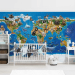 PAPIER PEINT INTISSÉ - ANIMAL CLUB INTERNATIONAL - WORLD MAP WITH ANIMALS - MURAL FORMAT PAYSAGE DIMENSION HXL: 190CM X 288CM