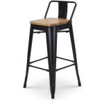 TABOURET DE BAR EN MÉTAL NOIR MAT STYLE INDUSTRIEL AVEC DOSSIER ET ASSISE EN BOIS CLAIR - HAUTEUR 66CM - KOSMI