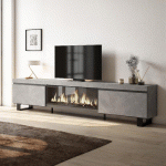 SKRAUT HOME - MEUBLE TV, BANC TÉLÉ, 267X57X35 CM, TV GRAND FORMAT, CHEMINÉE ÉLECTRIQUE XXL, DESIGN INDUSTRIEL, CIMENT