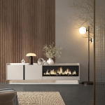 SKRAUT HOME - MEUBLE TV EFFET BOIS BEIGE 212X35X50CM CHEMINÉE EFFET FEU XXL