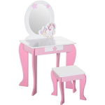 COIFFEUSE ENFANT DESIGN LICORNE - TABOURET INCLUS - DIM. 49L X 34L X 90H CM - TIROIR, MIROIR - MDF - ROSE BLANC - ROSE