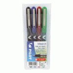 STYLO ROLLER PILOT V-BALL ÉCRITURE FINE. POCHETTE DE 4 COULEURS CLASSIQUES