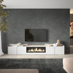 SKRAUT HOME - MEUBLE TV EFFET BOIS BLANC ET CHÊNE 315X35X50CM CHEMINÉE EFFET FEU XXL