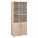 BIBLIOTHEQUE BOIS AVEC PORTES HAUTES VERRE ET PORTES BASSES BOIS H 182 X L 80 CM CHÊNE CLAIR