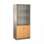 SIMMOB BIBLIOTHÈQUE HAUTE H180 X L80 CM, 2 PORTES BASSES ALU/HÊTRE OUVERTE GAMME ALU HETRE BUDGET