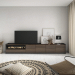 SKRAUT HOME - MEUBLE TV, BANC TÉLÉ, 310X50X37 CM, POUR LES TV JUSQU'À 80, CHEMINÉE ÉLECTRIQUE, CHÊNE FONCÉ ET NOIR