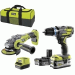 RYOBI - PACK BRUSHLESS PERCEUSE-VISSEUSE À PERCUSSION 18V ONEPLUS - MEULEUSE D'ANGLE 125 MM 18V ONEPLUS - 2 BATTERIES 1 CHARGEUR RAPIDE R18CK2BL-252S