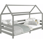 LIT CABANE FINA LIT SIMPLE POUR ENFANT MONTESSORI 90 X 190 CM, AVEC BARRIÈRES DE PROTECTION SUR 3 CÔTÉS, EN PIN MASSIF LASURÉ GRIS - GRIS