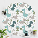 PAPIER PEINT ROND AUTOCOLLANT - FRIENDLY DINOSAUR WITH PALM TREES AND CACTI Ø 244CM