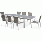 SWEEEK - SALON DE JARDIN TABLE EXTENSIBLE - WASHINGTON - TABLE EN ALUMINIUM 200/300CM. 8 FAUTEUILS EN TEXTILÈNE BLANC / TAUPE - BLANC