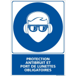 PANNEAU PROTECTION ANTI-BRUIT ET PORT DE LUNETTES OBLIGATOIRES. OBLIGATION SIGNALISATION EPI. AUTOCOLLANT, PVC, ALU - PLASTIQUE PVC 1,5 MM - 150 X