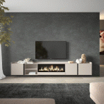 SKRAUT HOME - MEUBLE TV EFFET BOIS BEIGE 315X35X50CM CHEMINÉE EFFET FEU XXL