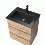PACK MEUBLE DE SALLE DE BAINS 60 CM SUR PIEDS - 3 TIROIRS - CHÊNE NATUREL + VASQUE NOIRE - TIMBER AURLANE