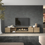 SKRAUT HOME - MEUBLE TV EFFET BOIS DE CHÊNE ET NOIR 315X35X61CM CHEMINÉE EFFET FEU