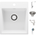 EVIER CUISINE EN GRANIT 38 X 44 CM LAVABO 1 BAC + MITIGEUR + SIPHON CLASSIQUE, ÉVIER À ENCASTRER DE PRIMAGRAN BLANC - WHITE