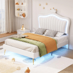 LIT SIMPLE 90 X 200 CM - LIT EN CUIR PU AVEC LAMPES LED ET SOMMIER À LATTES ET TÊTE DE LIT EN COURONNE (COIFFURE) POUR ADOLESCENT - BLANC