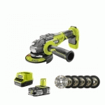 PACK RYOBI MEULEUSE D'ANGLE BRUSHLESS 18V ONE+ R18AG7-0 - 1 BATTERIE 2.5AH - 1 CHARGEUR RAPIDE - KIT 6 DISQUE 125 MM