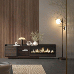 SKRAUT HOME - MEUBLE TV EFFET BOIS DE CHÊNE ET NOIR 212X35X50CM CHEMINÉE EFFET FEU