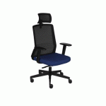 CHAISE DE BUREAU ERGONOMIQUE COCO TISSU ET MAILLE, AVEC ACCOUDOIRS 3D ET APPUIE-TÊTE, MÉCANISME SYNCHRONE, PIEDS NOIRS - BLEU