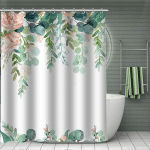 BLOOMING FLORAL RIDEAU DE DOUCHE AVEC 12 CROCHETS FLEURS ROSES FEUILLE VERTE ENSEMBLE DE RIDEAU DE DOUCHE POUR SALLE DE BAIN, ENSEMBLE DE RIDEAU DE