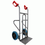 DIABLE ACIER DROIT POIGNÉE OUVERTE CHARGEMENT VERTICAL ET HORIZONTAL 250 KG ROUES CAOUTCHOUC BLEU