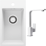 ÉVIER CUSINE EN GRANIT 28X50 CM LAVABO CUISINE 1 BAC + KIT DE VIDAGE + ROBINET, ÉVIER AU MEUBLE 30CM ÉVIER À ENCASTRER DE PRIMAGRAN, BLANC - WHITE