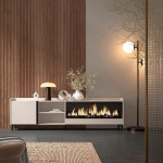 SKRAUT HOME - MEUBLE TV EFFET BOIS BEIGE 212X35X61CM CHEMINÉE EFFET FEU XXL