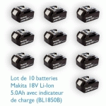 MAKITA - PACK DE 10 BATTERIES 18V LI-ION 5.0 AH AVEC INDICATEUR DE CHARGE BL1850BX10