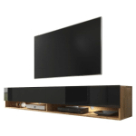 SELSEY - WANDER - MEUBLE TV / BANC TV (CHÊNE WOTAN / NOIR BRILLANT, 180 CM, ÉCLAIRAGE LED)
