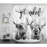 RIDEAU DE DOUCHE FARMHOUSE HIGHLAND COW AVEC CROCHETS, DRÔLE DE TAUREAU DE LA FAUNE OCCIDENTALE SUR FOND DE MARBRE GRIS MODERNE GET NAKED RIDEAU DE