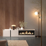 SKRAUT HOME - MEUBLE TV EFFET BOIS BEIGE 212X35X50CM CHEMINÉE EFFET FEU XXL