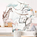 PAPIER PEINT INTISSÉ PHOTO ROND KVILIS CHAMBRE D'ENFANT ANIMAUX GIRAFE ELÉPHANT PAPIERS PEINTS Ø2.84M - BLANC