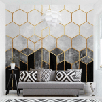 PAPIER PEINT INTISSÉ - GOLDEN HEXAGONS BLACK AND WHITE - MURAL CARRÉ DIMENSION HXL: 336CM X 336CM