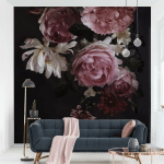 MICASIA - PAPIER PEINT INTISSÉ - PINK FLOWERS ON BLACK - MURAL CARRÉ DIMENSION HXL: 192CM X 192CM