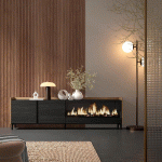 SKRAUT HOME - MEUBLE TV EFFET BOIS NOIR ET CHÊNE 212X35X61CM CHEMINÉE EFFET FEU XXL