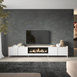 SKRAUT HOME - MEUBLE TV EFFET BOIS BLANC ET CHÊNE 315X35X61CM CHEMINÉE EFFET FEU XXL