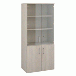 BIBLIOTHEQUE BOIS AVEC PORTES HAUTES VERRE ET PORTES BASSES BOIS H 182 X L 80 CM CHÊNE GRIS