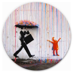 K&L WALL ART - TABLEAU EN MÉTAL ROND MÉTALLISÉ COLOURED RAIN GRAFFITI STREET ART PLUIE BANKSY Ø 45CM - BLANC