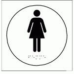 LOT DE 2 - PLAQUE EN RELIEF ET BRAILLE TOILETTES FEMMES - DIAM 10CM - BLANC