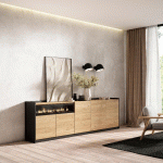 SKRAUT HOME - BUFFET SALON ET CUISINE, 260X80X37 CM, 5 PORTES, CHEMINÉE ÉLECTRIQUE, CHÊNE ET NOIR