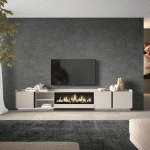 SKRAUT HOME - MEUBLE TV EFFET BOIS BEIGE 315X35X50CM CHEMINÉE EFFET FEU XXL