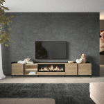SKRAUT HOME - MEUBLE TV EFFET BOIS DE CHÊNE ET NOIR 315X35X61CM CHEMINÉE EFFET FEU